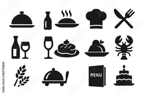 Gourmet food icons silhouette set. Restaurant & culinary symbols. Fine dining, gastronomy concept. Chef hat, menu, wine, lobster, cake, steak, cloche. Vector pictograms.
