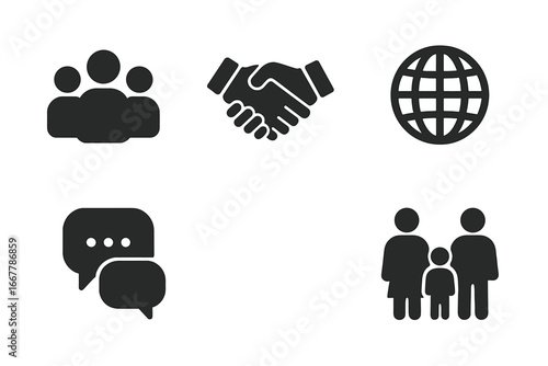 Society and community solid icon set. Vector glyph collection of people group, handshake, globe, chat bubble, and family. Business teamwork and communication symbols.