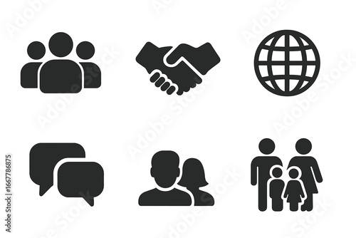 Society and community solid glyph icon set. People group, handshake, global communication, family, and partnership symbols. Business team, social network vector pictograms.