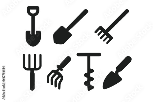 Garden tool icon set. Agricultural equipment silhouette collection. Vector symbols for farming, spade, shovel, rake, pitchfork, trowel, hand cultivator, soil auger.