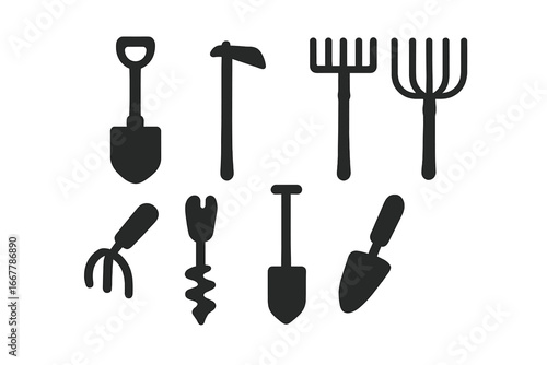Gardening tool icon set. Agriculture equipment silhouette collection. Spade, rake, hoe, pitchfork, trowel and tiller for soil work. Farmer instruments vector illustration.