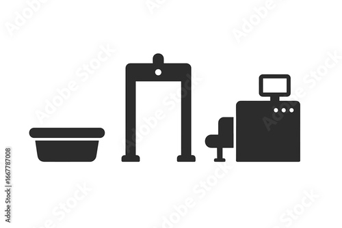 Airport security checkpoint solid icon set. Vector illustration of TSA essentials, including a plastic bin, a walk-through metal detector, and a baggage X-ray scanner machine.