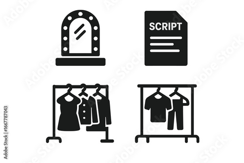 TV production icon set. Film behind the scenes vector elements. Solid glyph icons of makeup mirror, script, and wardrobe rack. Movie making, backstage, studio, theater essentials.