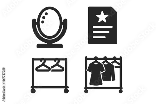 TV production essentials icon set. Vector glyphs of backstage elements like makeup mirror, actor script, and wardrobe rack. Film and movie behind the scenes concept.