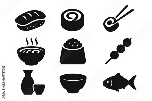 Japanese cuisine food icon set. Solid glyph silhouette symbols. Sushi, ramen, maki roll, nigiri, dango, sake. Asian restaurant menu elements. Vector graphic illustration.