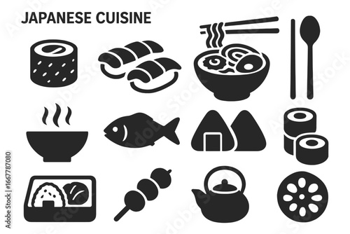 Japanese cuisine food icon set. Solid glyphs of sushi, ramen, onigiri, bento, and dango. Asian food symbols for restaurant menu, web, or app. Vector silhouette pictogram.