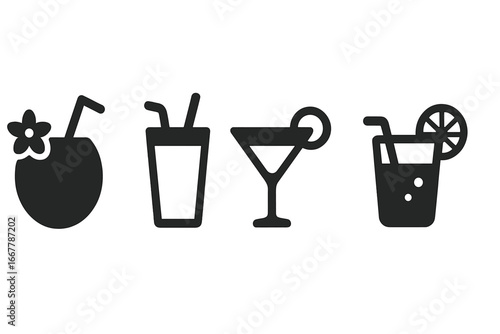 Tropical drink icon set vector. Summer beach bar beverage silhouettes. Coconut drink, fruit smoothie, poolside cocktail, lemonade glass. Glyphs for menu illustration.