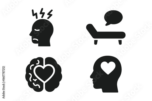 Mental health solid icon set. Psychology vector symbols for stress, anxiety, therapy, counseling, psychotherapy, emotional intelligence, brain, heart, self-care, and wellbeing.