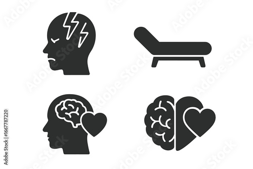 Mental health glyph icon set. Psychology, stress, headache, and anxiety concept. Therapy couch, brain and heart balance, emotional intelligence, and mental wellness symbols.