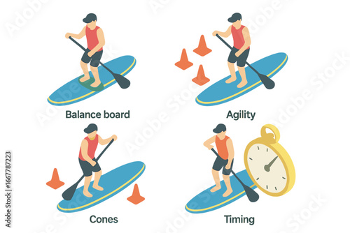 Paddleboarding training drills icon set. Man on a stand up paddle board. Isometric vector collection for SUP fitness. Exercise concepts for balance, agility with cones, and timing.