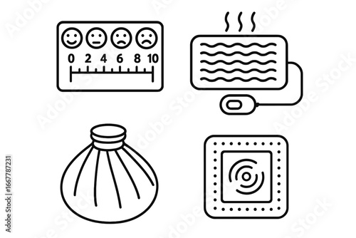 Pain relief treatment icon set. Medical icons for hot and cold therapy. Vector symbols for pain scale rating, heating pad, ice pack, and medicated patch for pain management.