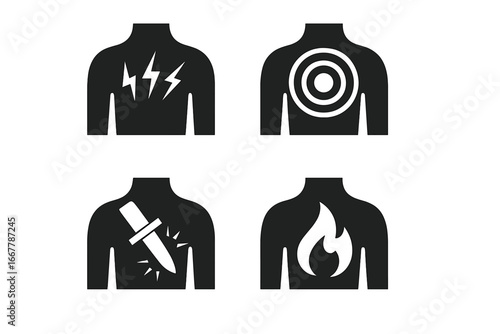 Pain types icon set. Medical symbols for sharp, dull, stabbing, burning pain. Back injury, body ache, disease symptom. Health care diagnosis vector illustration. Anatomy.