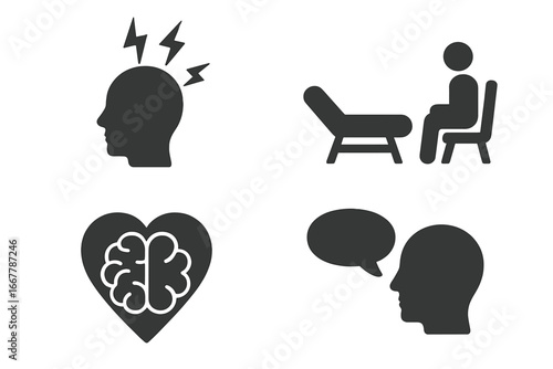 Mental health vector icon set. Concepts of psychology, stress, therapy, and counseling. Icons for psychotherapy, anxiety, depression, brain-heart connection, and communication.
