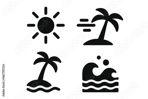 Tropical weather solid glyph icon set. Summer vacation beach symbols collection. Sun, wind, palm tree on island, and ocean wave. Simple flat vector illustration for design.