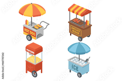 Isometric food cart icon set. Mobile street food vendor collection with hot dog stand, grilled kebab, popcorn machine, and ice cart. Vector flat design elements for takeout.