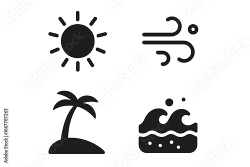 Tropical weather solid icon set. Summer beach vacation concept. Vector glyph symbols for sun, wind, island palm tree, and ocean wave. Minimalist climate travel elements.