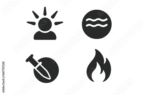 Pain intensity types icon set. Sharp, stabbing, dull ache, and burning sensation. Medical diagnosis symbols for headache, body ache, injury, and disease symptoms vector.
