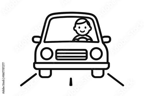 Simple outline icon of a happy person driving a car on the road. Vector cartoon illustration for transport, travel, or commute concepts. Line art of a man in a vehicle.