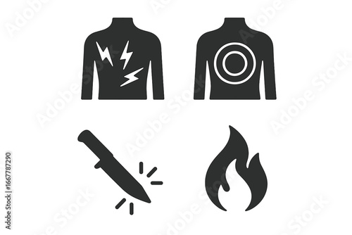 Pain types icon set. Sharp, dull, stabbing, and burning pain vector symbols. Medical illustration of body ache, backache, and injury symptoms. Health care concept design.