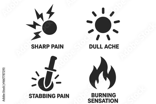 Pain types and intensity solid icons set. Metaphor for sharp, dull ache, stabbing, and burning sensations. Medical vector illustration for describing symptoms and disease.