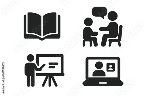 Tutoring icon set. Education and e-learning solid glyphs. Mentor and student, teacher at whiteboard, online class on laptop, open book. Vector symbols for learning, coaching.
