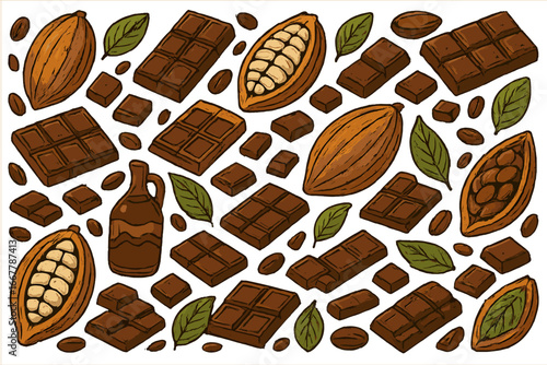 Chocolate vector pattern with cacao pods, cocoa beans, and bars. Hand drawn cartoon illustration of sweet dessert ingredients. Organic food background for packaging design.