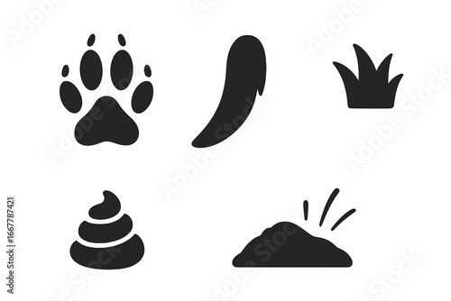 Skunk tracks and animal signs solid icon set. Vector glyphs of paw print, tail drag mark, scat pile, and digging. Wildlife tracking and nature identification concept illustration.