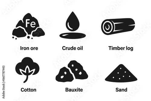 Raw materials vector icon set. Solid glyph symbols collection. Natural resources for industry and manufacturing. Includes iron ore, crude oil, timber log, cotton, bauxite, sand.