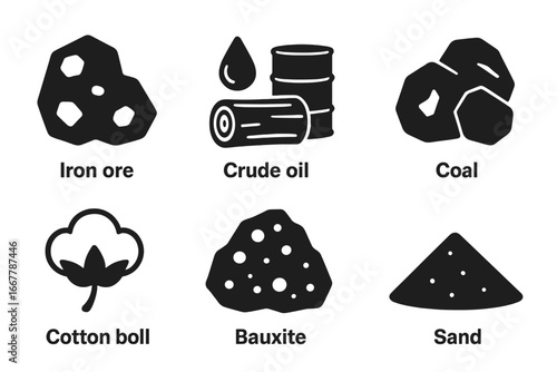 Raw materials vector icon set. Solid glyph icons of natural resources and commodities. Iron ore, crude oil, timber log, coal, cotton, bauxite, and sand for industry.
