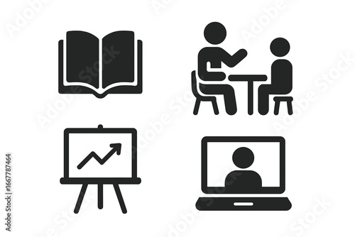 Education and tutoring vector icon set. Solid glyphs for e-learning, business coaching, student mentorship, knowledge, online class, book, and growth presentation concept.