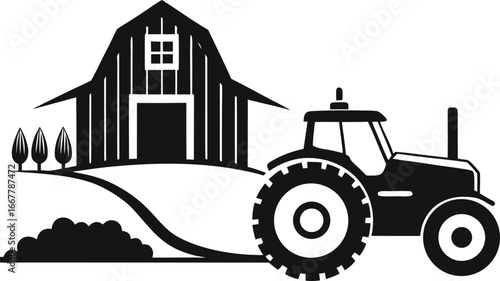 tractor with plow attached near farm barn