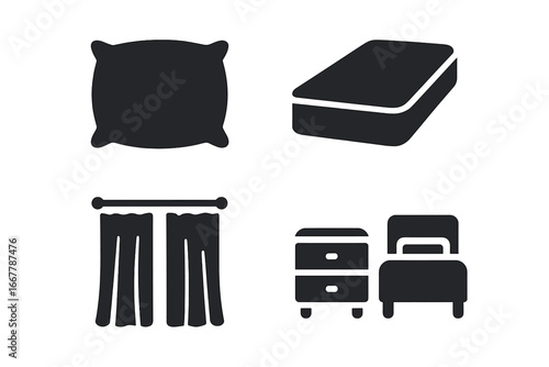 Sleep environment icons set. Solid glyph vector pictograms. Bedroom furniture collection including pillow, mattress, blackout curtain, nightstand and bed. Rest, comfort concept.
