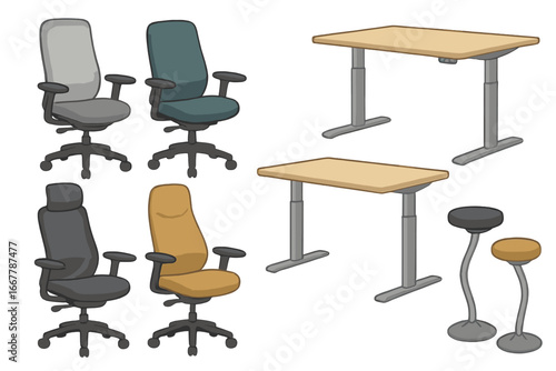 Ergonomic office furniture set. Modern workspace equipment collection. Adjustable standing desk, swivel chair, and wobble stool. Vector illustration for interior design concepts.