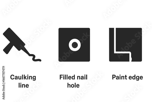 Room finishing icon set. Home improvement and construction detailing. Solid glyph icons. Caulking line, filled nail hole, paint edge. Vector renovation pictogram symbols.