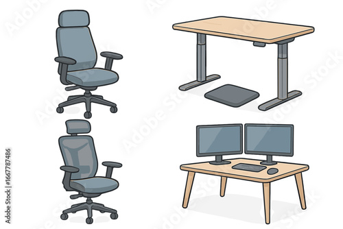 Ergonomic office furniture set. Modern workspace with standing desk, adjustable chair, dual monitors. Healthy posture and ergonomics concept. Vector for home office or business.