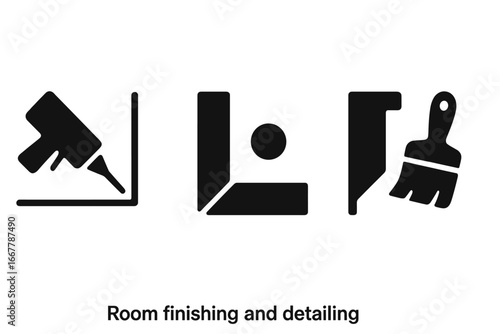 Room finishing and home improvement solid icon set. Vector symbols for DIY tasks like caulking, filling nail holes, and painting edges. Renovation and construction graphics.