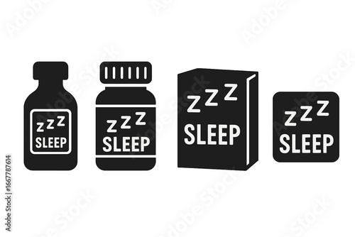 Sleeping aid solid icons set. Insomnia treatment and sleep medication concept. Pill bottle, medicine packaging, and tablet box symbols. Pharmacy, health care vector graphic.