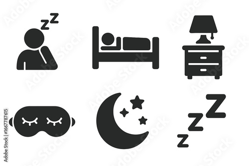 Sleep icons vector set. Solid glyph symbols for rest, bedtime, and relaxation. Sleeping person, bed, nightstand, moon, stars, and dream mask. Insomnia concept design elements.