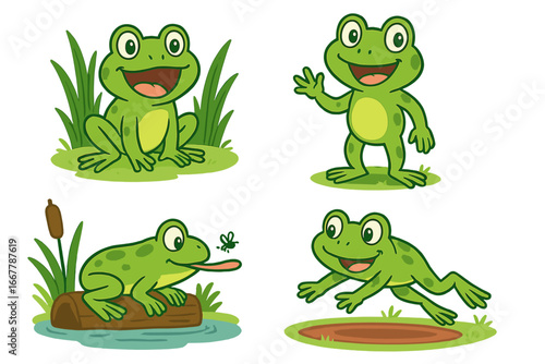 Cute cartoon frog character set. Collection of playful amphibian mascots in various poses. Waving, sitting, jumping and eating a fly. Vector animal illustration for kids.