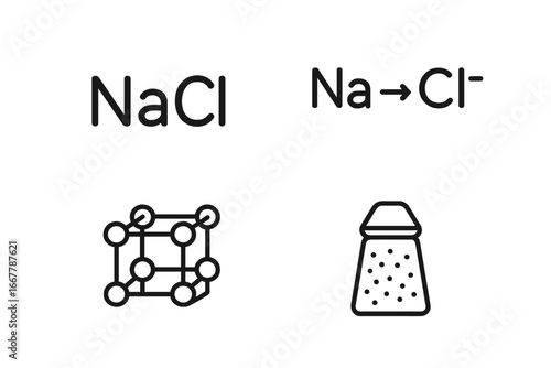 Salt Chemistry outline icons. Science and education vector set. NaCl molecule, ionic bond diagram, sodium chloride crystal lattice structure, chemical formula. Minimalist symbols.