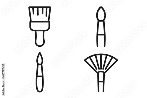 Paint brush icon set. Artist tools for painting. Creative hobby equipment. Flat, round, filbert, and fan brushes. Line art vector illustration symbols for art and craft projects.