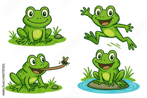 Cute cartoon frog character set. Vector illustration collection of a happy green toad mascot in various poses. Jumping, sitting, catching a fly. Funny amphibian animal for kids.