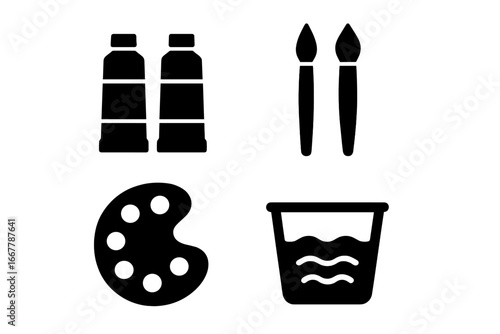Painting tools icon set. Solid glyph icons of artist supplies. Paint tube, paintbrush, color palette, water cup. Vector illustration for creative hobby, craft, and art project.