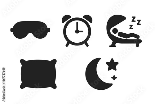 Sleep and rest solid glyph icon set. Bedtime and relaxation symbols. Collection includes sleep mask, alarm clock, pillow, nap pod, and moon with stars. Vector icons for good night.