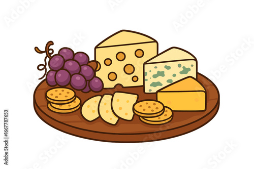 Cheese board vector illustration. Charcuterie platter with assorted gourmet cheeses, swiss, blue cheese, grapes, and crackers. Appetizer snack concept for party or wine tasting.