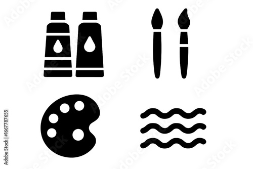 Painting tools solid icon set. Artist equipment glyphs for art and craft. Includes paint tube, paintbrush, mixing palette and water symbol. Vector graphic elements for design.