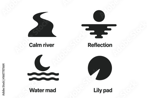 Water icon set vector graphic. Solid glyph collection of twilight nature elements. Calm river, moon reflection on sea, night waves, lily pad icons for web or mobile apps.