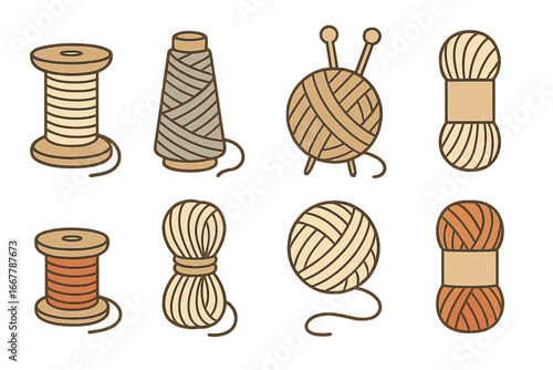Vector set of sewing thread spools and knitting yarn balls. Minimalist handicraft illustration. Needlework and haberdashery supply icons. Handmade hobby, DIY craft concept.