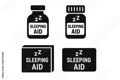 Sleeping aid solid icon set. Vector symbols of sleep remedy packaging. Pill bottle, container, box, and label for insomnia medication. Pharmacy and healthcare graphic elements.