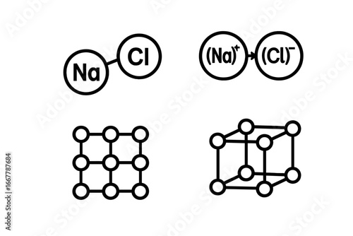 Salt chemistry outline icon set. Sodium chloride NaCl molecule, ionic bond diagram, and crystal lattice structure. Science research vector. Chemical education graphic symbol.